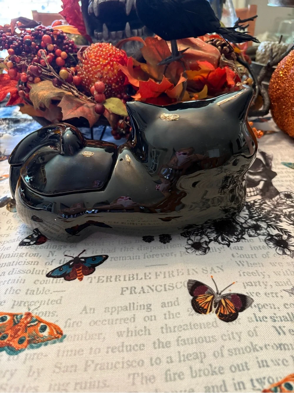 Mid Century Vintage Ceramic Decorative Glossy Black Cat. Candy Dish